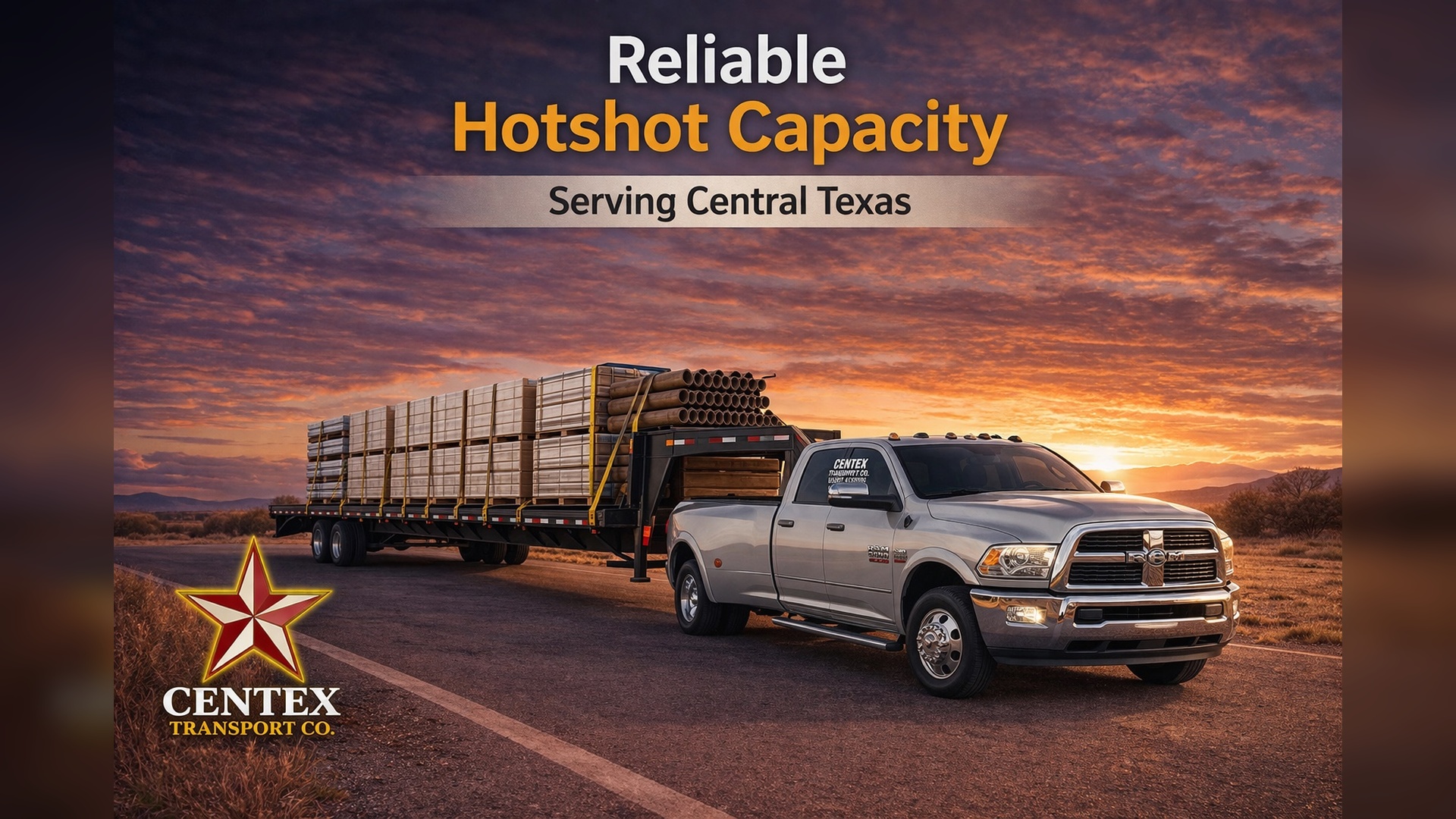 Centex Transport flatbed truck on Texas highway at sunset